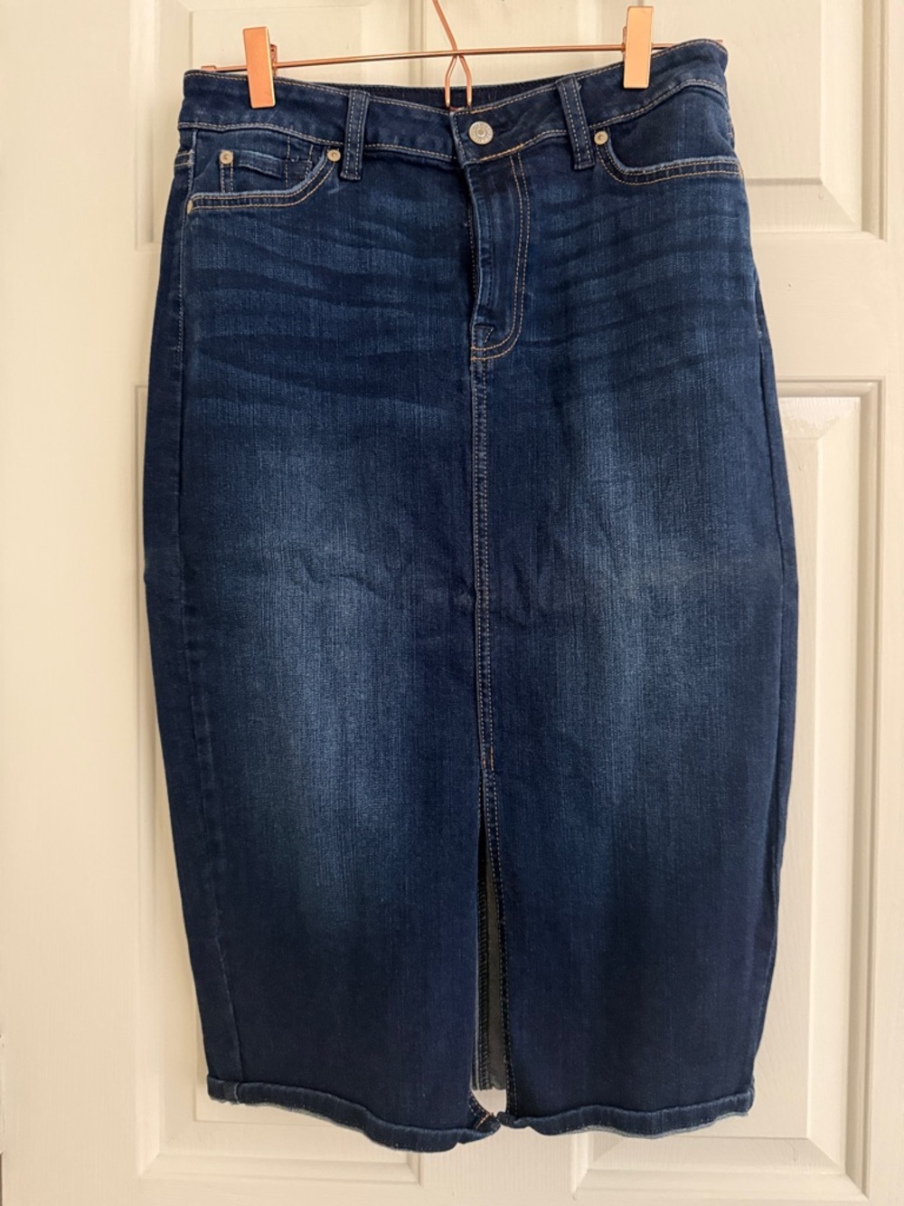Dark Wash Denim Pencil Skirt with Front Slit